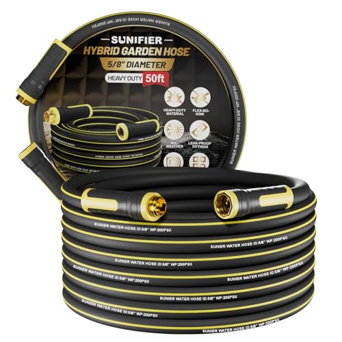 Hybrid Rubber Garden Hose 5/8 Inch, 50 ft Heavy Duty Kink-Free Water Hose, 3-Layer Reinforced, 600 PSI Burst Pressure, Water Safe, All-Weather Flexible Hoses for Yard, Lawn (Black,50 ft) - size: 50 ft