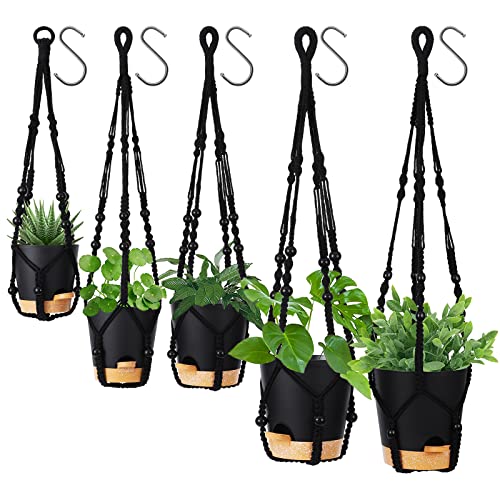GARDIFE Hanging Planters for Indoor Plants,5Pcs Hanging Basket for Indoor Boho Home Decor,Macrame Plant Hanger,35 Inches,29Inch,23Inch, Ivory,Self Watering Planters, 7/6.5/6/5.5/5 Inch,Black&Black - color: 7-black, size: 7+6.5+6+5.5+5 inch