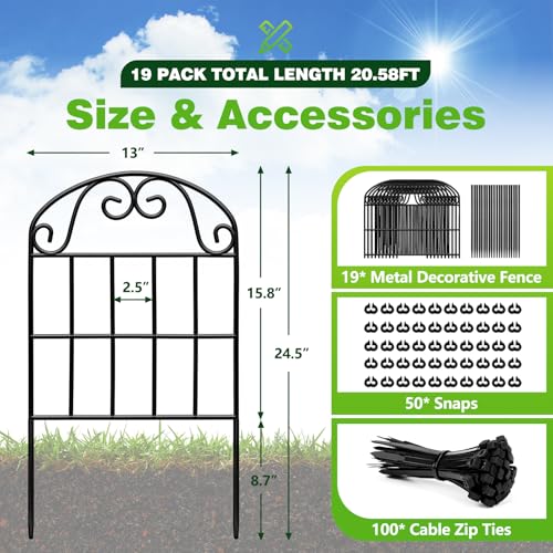 Garden Fence 24.5 in x 20.58 ft, 19-Pack Decorative Black Metal Panels - size: 19 Pack, 20.58ft(L) x 24.5in(H)