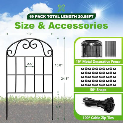 Garden Fence 24.5 in x 20.58 ft, 19-Pack Decorative Black Metal Panels - size: 19 Pack, 20.58ft(L) x 24.5in(H)