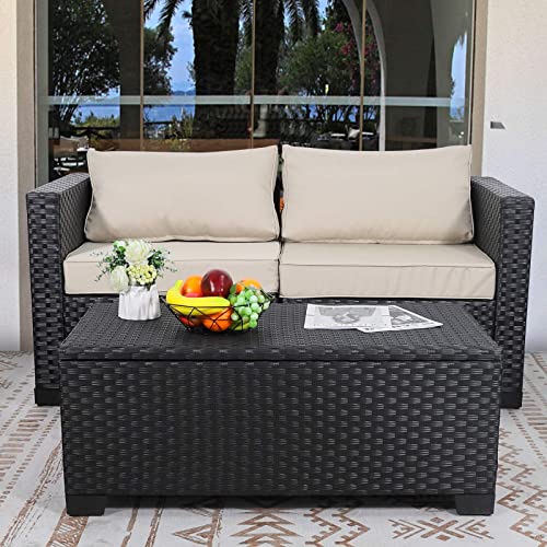 Rattaner Patio Coffee Table with Storage Wicker Outdoor Coffee Table and All-Weather Wicker Side Table with Waterproof Cover, Black - color: Black