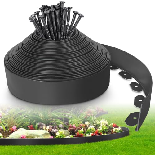 4-Inch x 50 FT Landscape Edging Border with 75 Spikes, Garden Edging Lawn Border Kit, Plastic Edging Border Flexible for Garden Flower Beds Lawn Yard Pathway Paver Edging (Black) - color: Black, size: 4 In x 50 FT