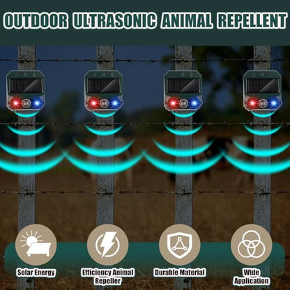 Qualirey 4 Pack Solar Ultrasonic Repellent Outdoor Animal Predator Lights Deterrent Motion Light Sensor Alarm Effective Night Animal Repellent for Chicken Coop Farm Raccoon Fox Deer