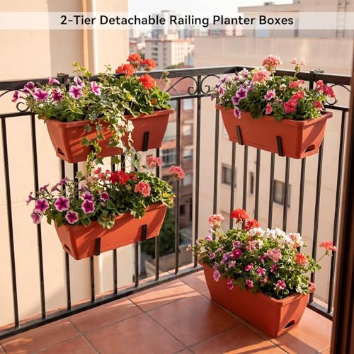 CADUKE Railing Planters Outdoor Balcony, 16.9" Hanging Flower Pots, Fence Planters for Deck Patio Garden with Drain Holes & Detachable Hooks, Red - color: Red