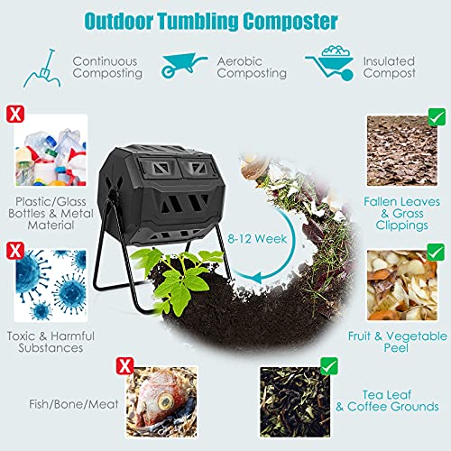 Outdoor Compost Tumbler, 43 Gallon Rotating Tumbling Composter with Dual Chamber, 2 Sliding Doors & Gloves, Large Composting Bin for Garden Yard Waste for Outdoor, Garden, Yard (Black) - color: Black