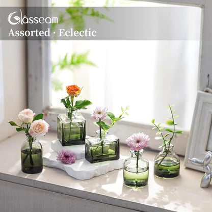 Glasseam Small Vases for Flowers, Green Mini Glass Bud Vases Set of 5 - color: Green, size: 5Pcs- Mini Vases