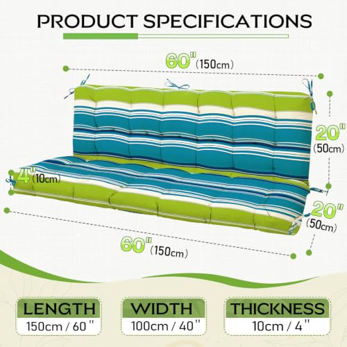 Oxford Fabric Swing Cushions with Backrest & Tie Straps for Patio Bench - color: Teal Stripe