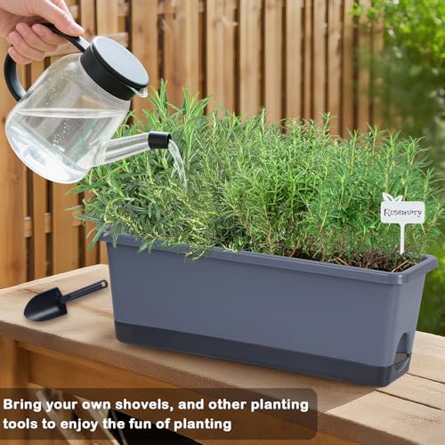 Window Box Planter 4 Packs, 17 Inches Rectangle Flower Pots with Drainage Holes & Trays, Pots for Vegetables, Herbs, Flowers, Garden Windowsill Balcony (Grey, 17 * 5.1 * 6 inch) - color: Gray