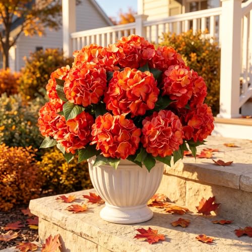 Sousi Fall Hydrangea Artificial Flower for Outdoor, 4 Bundles Fake Hydrangea Bush Plant UV Resistant for Outdoors Front Porch Indoor Home Garden Decor (4, Fall Orange) - color: Fall Orange