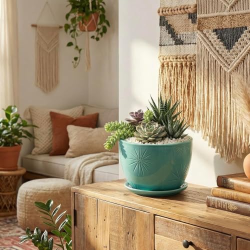 MyGift 7-Inch Turquoise Ceramic Planter Pot with Drainage Hole & Saucer - color: Turquoise