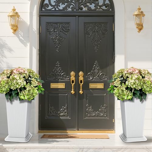 FENCY Set of 2 Tall Planters for Outdoor Plants, White Ribbed - color: White-square Ribbed