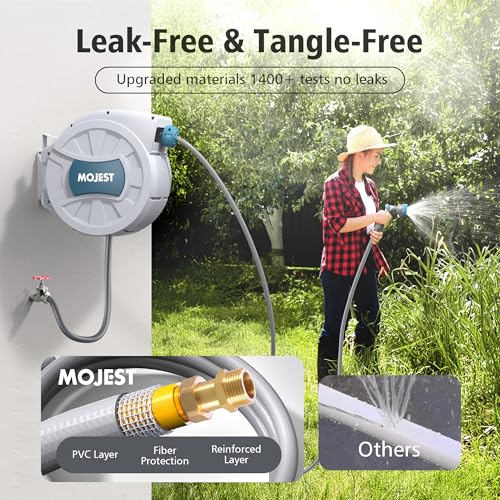 MOJEST Retractable Garden Hose Reel - 1/2 in x 100 ft Wall Mounted Heavy Duty Water Hose Reel with Automatic Slow Rewind System, 2 Hose Nozzle, 180°Swivel Bracket, Light Gray - color: Light Gray, size: 100FT