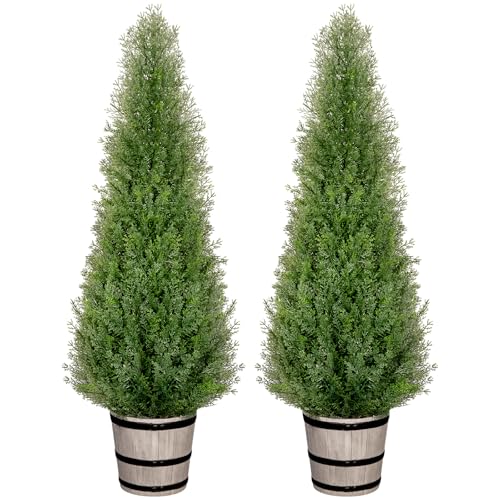 VIVATREES 4FT Artificial Cedar Topiary Trees with Rustic Barrel Planter, Outdoor Indoor Realistic Faux Pine Shrubs Plants, Fake Cypress Trees for Home Offices Porch Decor, Set of 2 - size: 4FT