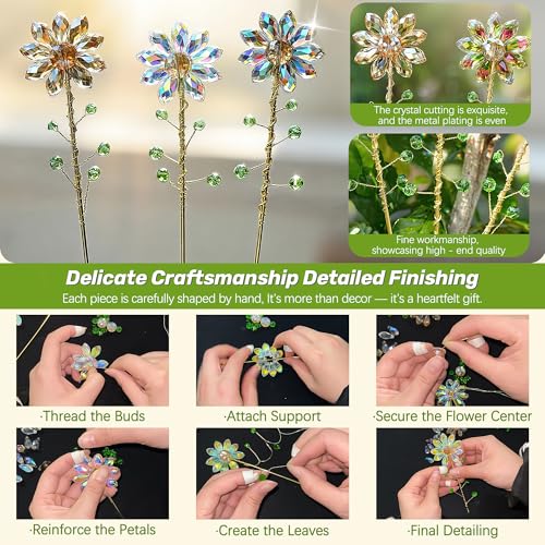 3Pcs Crystal Sunflower Suncatchers Glass Plant Suncatcher with Metal Stake - color: Ab, Red, Amber