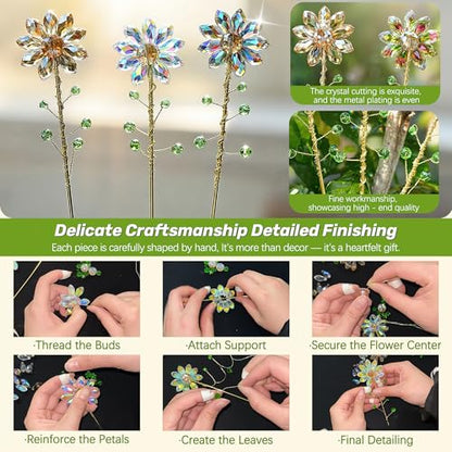 3Pcs Crystal Sunflower Suncatchers Glass Plant Suncatcher with Metal Stake - color: Ab, Red, Amber