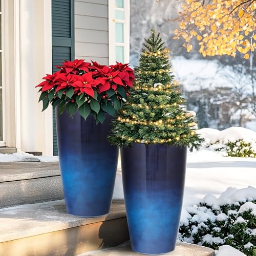 22.8" Gradient Blue Resin Tall Outdoor Planters with Drainage Holes - color: 22.8"h-faux Blue Ceramic