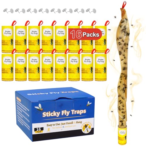 16 Pack Fly Strips Sticky Hanging Fly Trap Indoor Outdoor with Pins - size: 16 pack