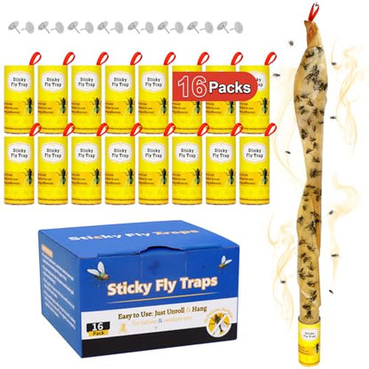 16 Pack Fly Strips Sticky Hanging Fly Trap Indoor Outdoor with Pins - size: 16 pack