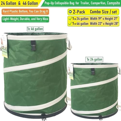 24 Gallon and 46 Gallon Collapsible Trash Can Solid Bottom for Yard Waste Bag,Yard Debris Bag,Pop-Up Trash Can,Recycling Bin,RV Camping Waste Bin,Laundry Hamper,Lawn Grass,Garden Weeds Bags,Leaf Bags - color: 24 Gal+46 Gal Green