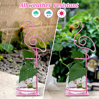 Tabletop Pink Flamingo Planter Propagation Station, Glass Vase Metal Stand - color: Pink Flamingo