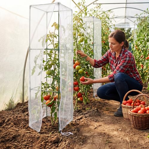 Frienda 3 Pack Square Tomato Cages with 3 Pcs Zippered Plant Netting Covers, 48.5 in Adjustable 3-Tier Tomato Plants Trellis, Drawstring Plant Protection for Climbing Vegetables, Fruit, Flowers