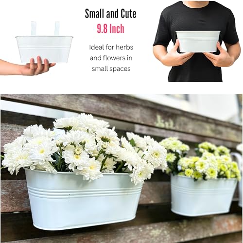 LaLaGreen Rail Planter (9.8 in, 2 Pack) White Metal Fence Deck Buckets - size: 9.8" (25 cm) x 2 Pack