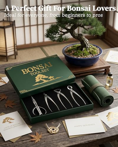 Bonsai Tool Kit 4PCS with Tool Roll Bag & Luxury Gift Box, Bonsai Tools Set
