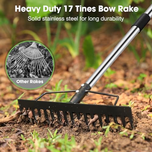 Heavy Duty Bow Rake for Lawns, 17 Tine Metal Rake Level Soil 5.58FT