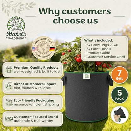 Mabel's Gardening 5-Pack 7 Gallon Grow Bags - Garden Planting Bags 13.4 x 11.4 INCH Made of 8.85 oz/yd² (300g/m²) Felt & Fleece Fabric Plant Pot, Plant Bag, Grow Bag for Cucumber Tomato Zucchini - color: 5-pack, size: 7 Gallon