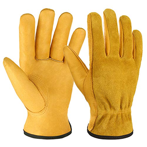 OZERO Leather Work Gloves, Gardening Gloves, Flex Grip, EN388, 1 Pair, M - color: Gold(1 Pair), size: Medium