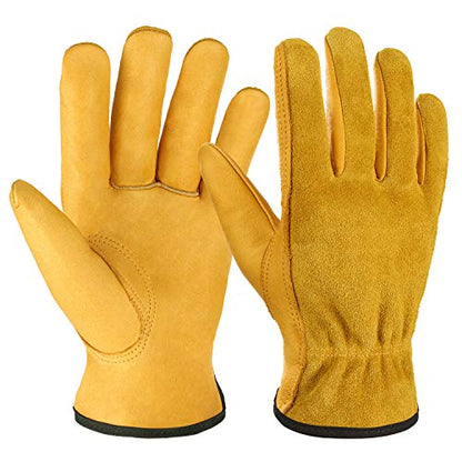OZERO Leather Work Gloves, Gardening Gloves, Flex Grip, EN388, 1 Pair, XL - color: Gold(1 Pair), size: X-Large