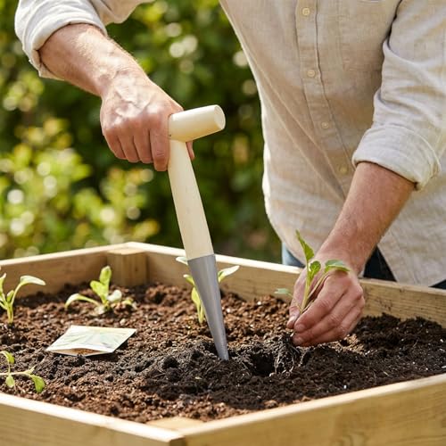 T-Shaped Garden Seed Dibber with Depth Measurements - Stainless Steel Bulb Planter Tool with Wooden Handle for Planting Seeds, Bulbs, Tulips, Daffodils & Flowers, Perfect Gardening Hole Digger