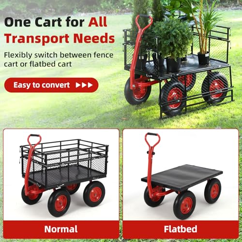 GarveeLife Steel Garden Cart 1400 LBS Capacity, Heavy Duty Steel Utility Wagon with Removable Sides, 2 in-1 Handle and 16 in Tires, Utility Metal Wagon Perfect for Garden, Farm, Yard - size: 1400lbs