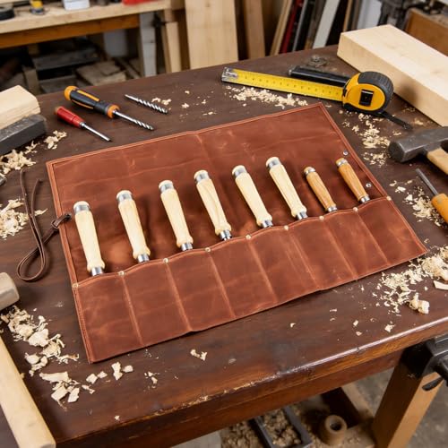 Chisel Roll, 8 Pockets Roll Up Tool Pouch, Waxed Canvas Small Tool Roll - color: Brown-8 Pockets