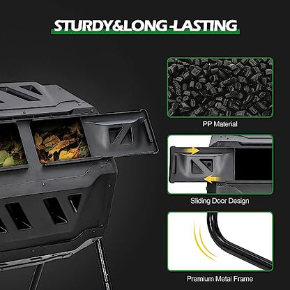 Nova Microdermabrasion 43 Gallon Compost Tumbler Bin Composter Dual Chamber BPA Free Compost Bin Outdoor Rotating Garden Yard Waste Bins - color: Black