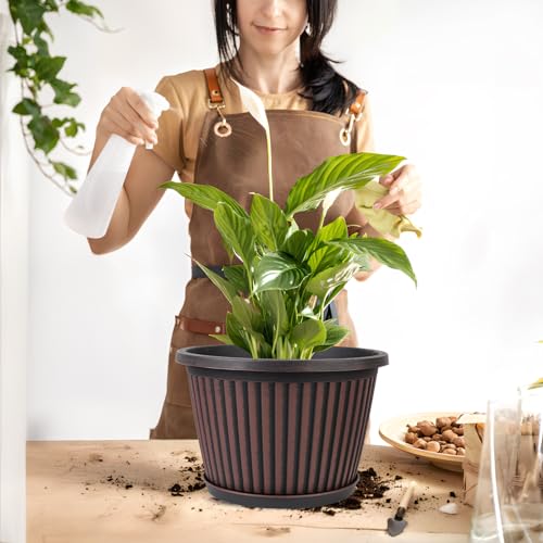 Myfeegoin Planter-Pots-for-Plants-Indoor-Outdoor, 4 Pack 10 Inch Plastic Flower Pots with Saucer & Drainage Holes, Modern Garden Planters for Planting Medium Large Plants，Decorative Resin Garden Pots - color: Red Brown, size: 10 inch