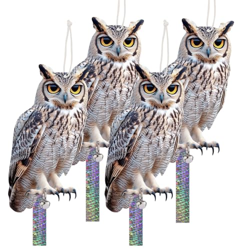 4PCS Garden Owl to Scare Pigeons Away from Porch, Flat Fake Owl to Keep Pigeon Away from Balcony, Hanging Plastic Owl, Woodpecker Scare Devices with Reflective Tape for Tree Patio Window Roof - color: Grey (2) - 4PCS