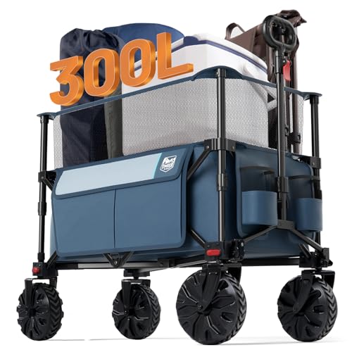 Timber Ridge Foldable Wagon 350L Extendable Height, Large Capasity Collapsible Wagon Cart with All Terrians Detachable Wheels, Compact Folding Utility Wagon for Camping, Fishing, Shopping Navy - color: Blue, size: 350L