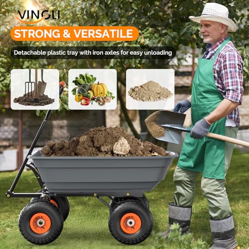 VINGLI Dump Cart Wagon, 440LBS Quick-Release Dump Wheelbarrow, All-Terrain 10" Tires Garden Wagon for Yard, Lawn and Outdoor Use - color: Gray