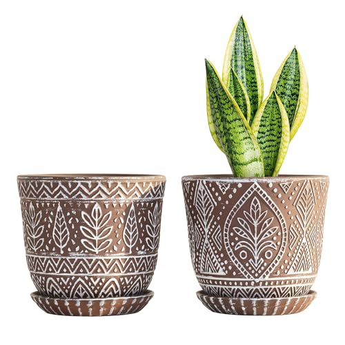 Gepege Ceramic Plant Pots, 6 Inch Indoor Planters with Drainage & Saucers - color: Brown-b, size: 6 Inch - Set of 2