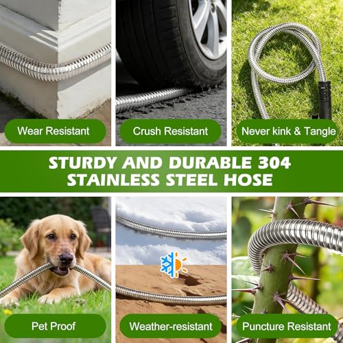 Metal Garden Hose 100 ft Stainless Steel Heavy Duty Water Hose with 10 Function Nozzles Flexible Lightweight Kink-Free Leakproof Sturdy Hoses Pipe 3/4" Brass Fitting for Outdoor Yard Lawn RV - size: 100FT