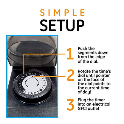 GE 24-Hour Indoor / Outdoor Programmable Mechanical Timer, Dual Outlet Plug-In, 2 Grounded Outlets, Heavy Duty Weather Resistant, 30 Minute Intervals, 15138