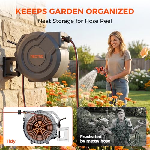 Upgraded Retractable Garden Hose Reel 1/2 inch x 155 ft Metal Bracket Wall-Mounted 9 Pattern Nozzle Any Length Lock Automatic Slow Return 180° Swivel UV Resistant Heavy Duty Hose Reels for Outside