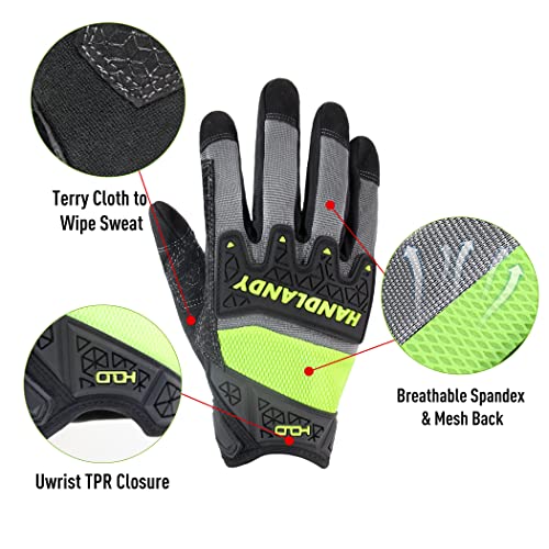 HANDLANDY Mens Work Gloves Touch screen, Utility Mechanic Gloves, Flexible Breathable Fit- Padded Knuckles & Palm - color: Green, size: XX-Large