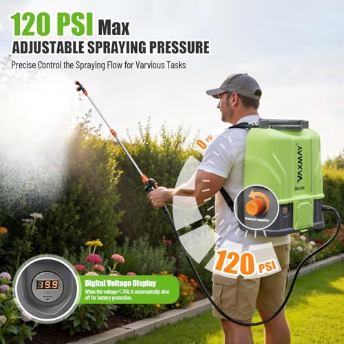 VAXMAY Battery Powered Backpack Sprayer 5.2 Gallon, 120 PSI Electric Garden Sprayer Compatible with DeWalt 20V Battery, Weed Yard Sprayer with 2 Wands, 5 Nozzles, 2.6 Ah Battery & Charger Included - size: 5.2 Gallon