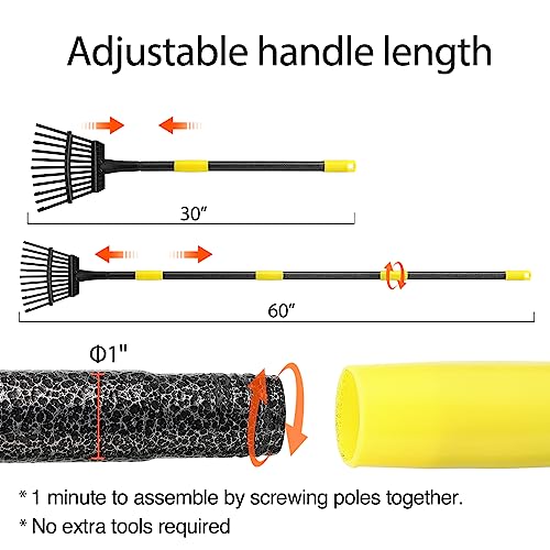 Oliynedy Leaf Rake for Gardening, Adjustable Metal Garden Rake for Leaves Long Handle 30-60", 11 Tines 9" Wide Small Lawn Collapsible Yard Adult Kids Rake for Camping Flower Beds Mulch Shrub - style: 30-60"