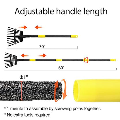 Oliynedy Leaf Rake for Gardening, Adjustable Metal Garden Rake for Leaves Long Handle 30-60", 11 Tines 9" Wide Small Lawn Collapsible Yard Adult Kids Rake for Camping Flower Beds Mulch Shrub - style: 30-60"