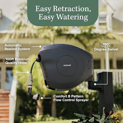 HOSELINK Classic Charcoal 100ft Automatic Retractable Garden Hose Reel, 1/2" UV-Stabilized Kink-Free Hose, Wall Mounted Complete Watering Solution for Backyard, Garden & Outdoor - size: 100ft 1/2" Hi-Flow