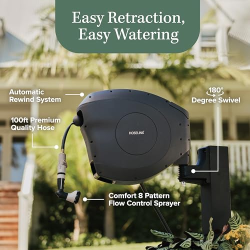 HOSELINK Classic Charcoal 100ft Automatic Retractable Garden Hose Reel, 1/2" UV-Stabilized Kink-Free Hose, Wall Mounted Complete Watering Solution for Backyard, Garden & Outdoor - size: 100ft 1/2" Hi-Flow