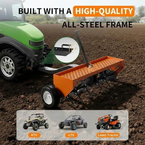 Garvee 48-Inch Tow Behind Plug Aerator,Pull Behind Aerator with Durable Steel Tines Lawn & Tray and Pneumatic Tires Tow Behind Spike Aerator for Lawn, Farm,Planting,Orange - color: Orange, size: 48in